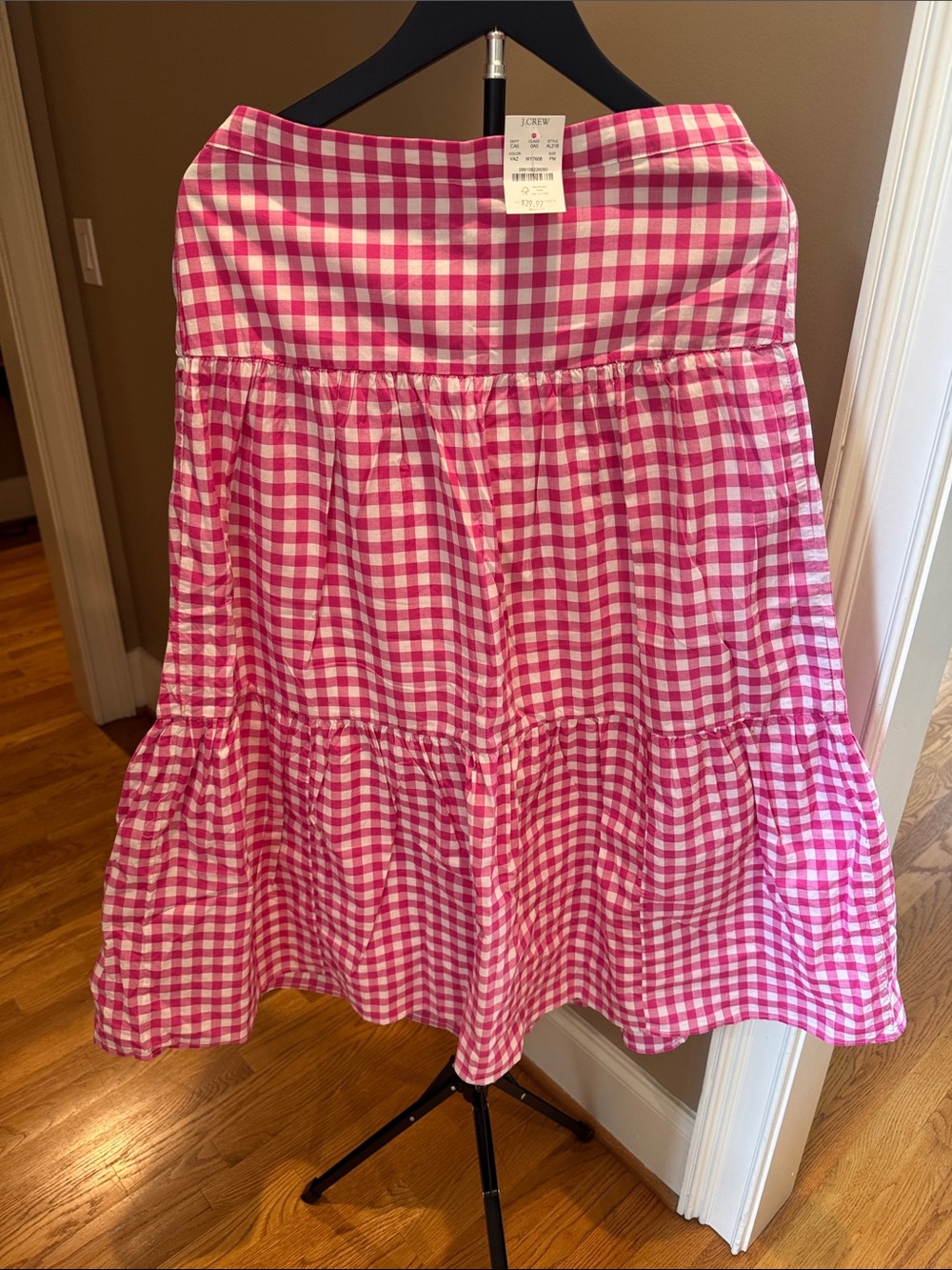 J. Crew Pink and White Gingham Tiered Maxi Skirt